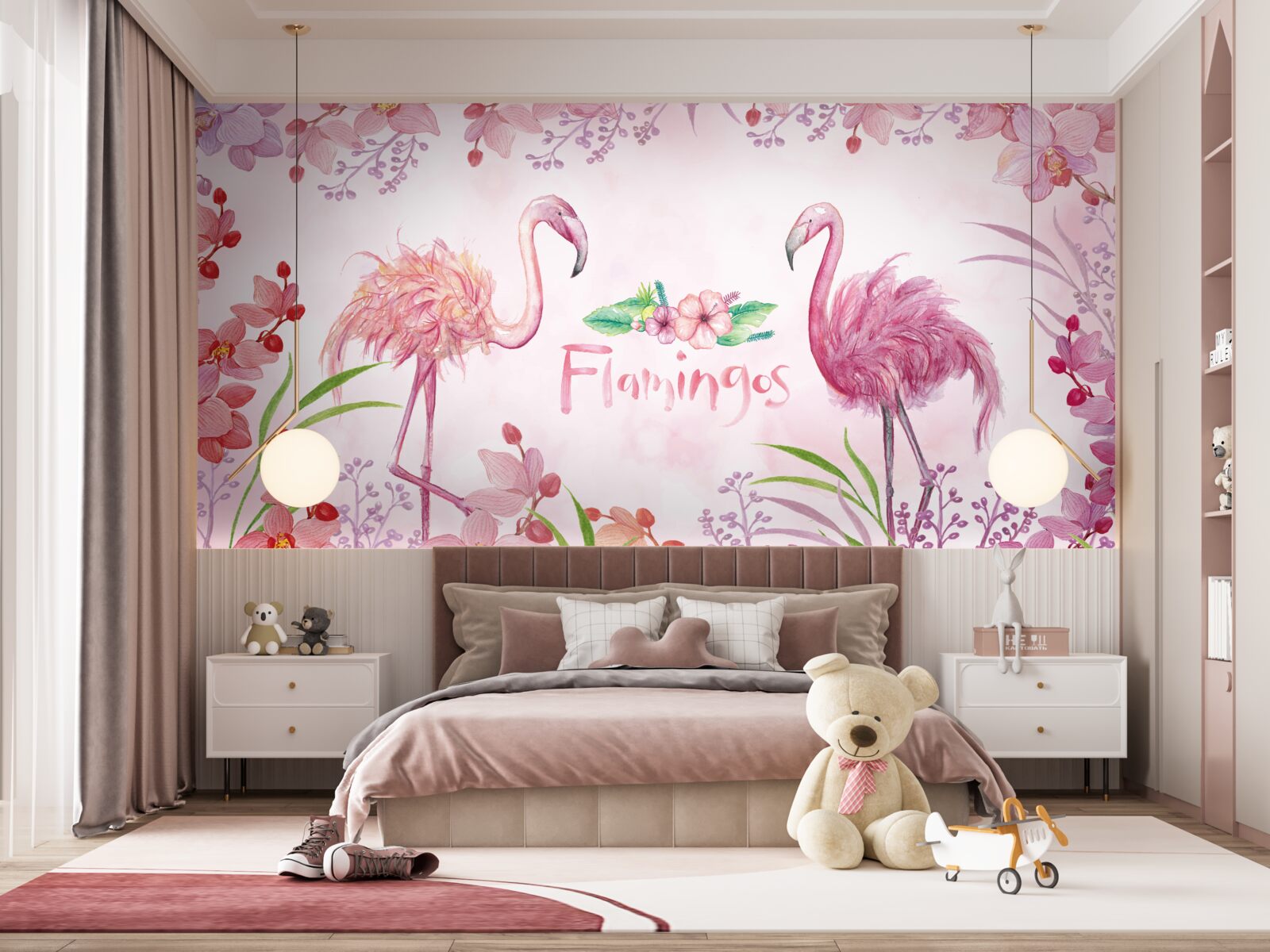 Fototapet flamingo roz printre muguri roz