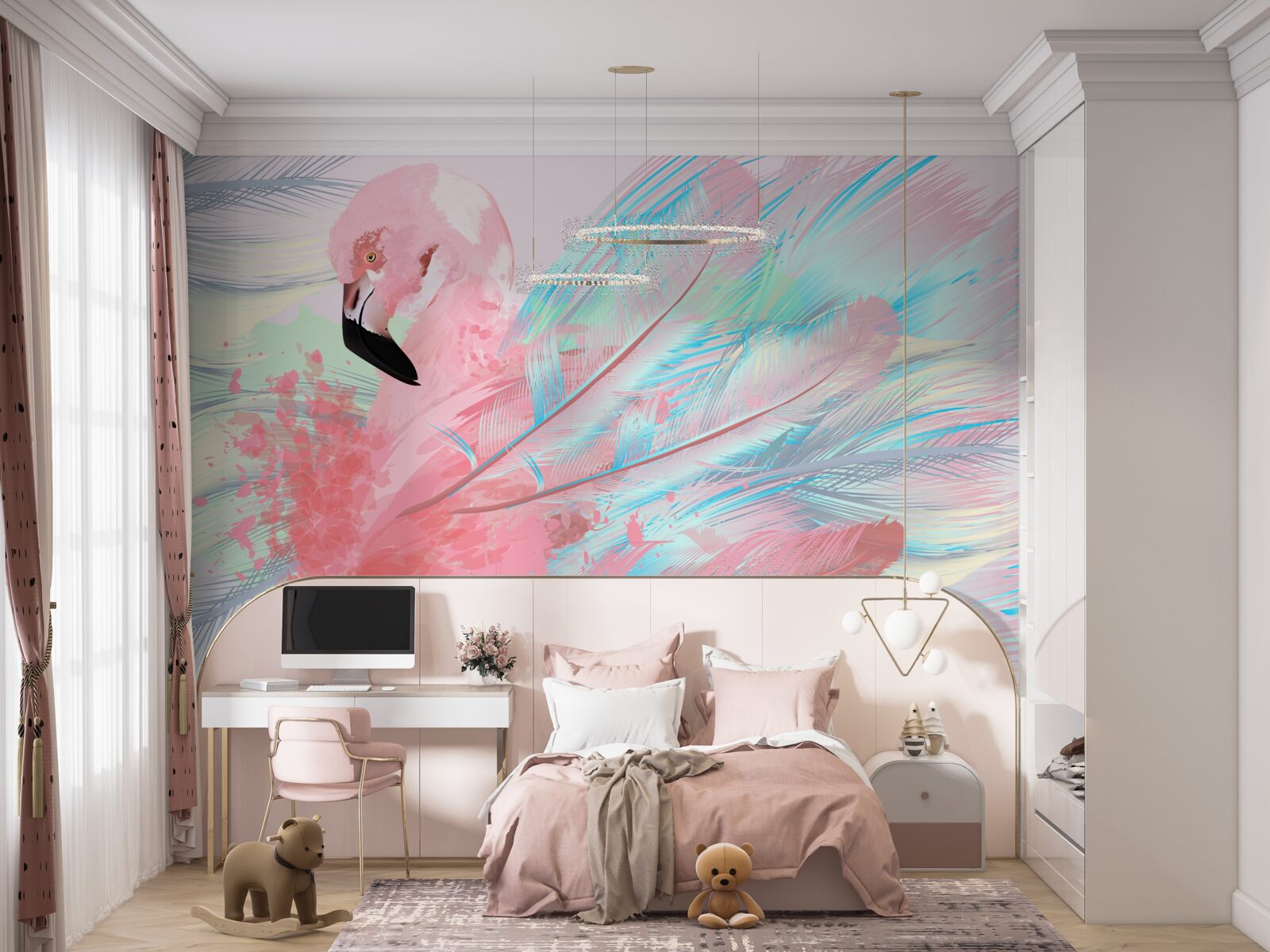 Fototapet un flamingo roz format din pene