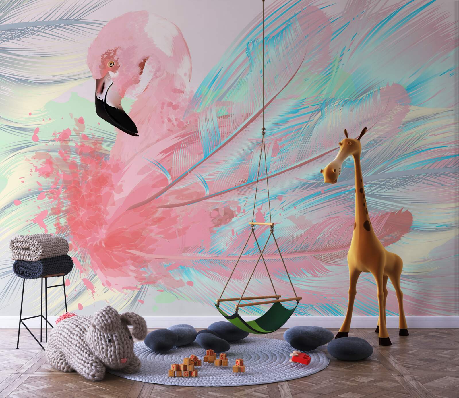 Fototapet un flamingo roz format din pene