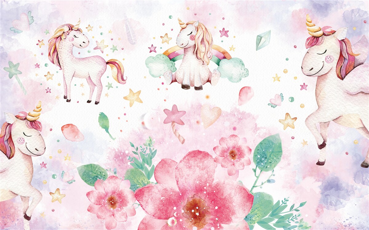 Fototapet unicorni printre flori