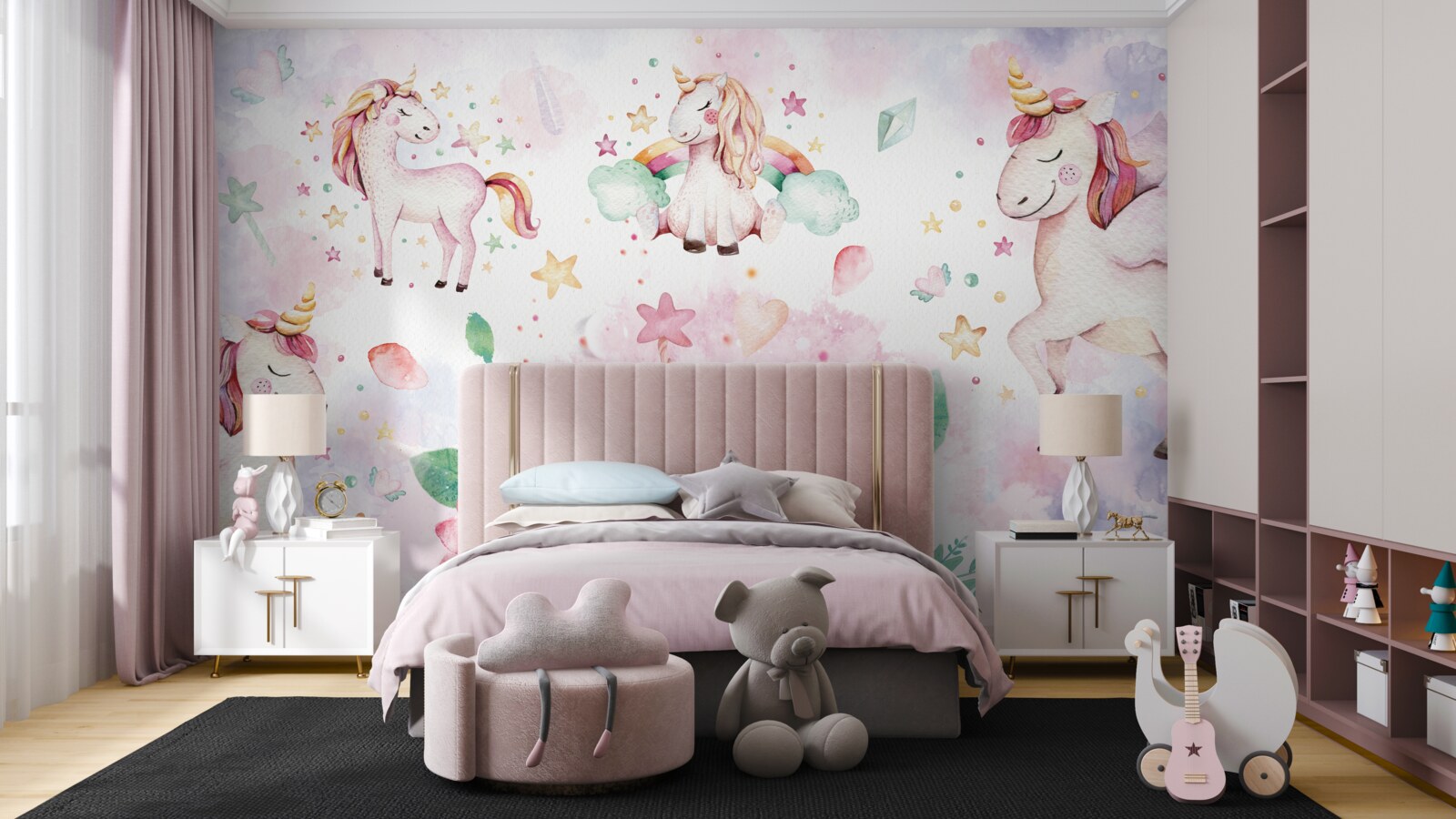 Fototapet unicorni printre flori