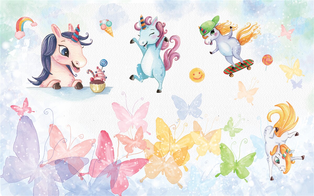 Fototapet unicorni și fluturi veseli