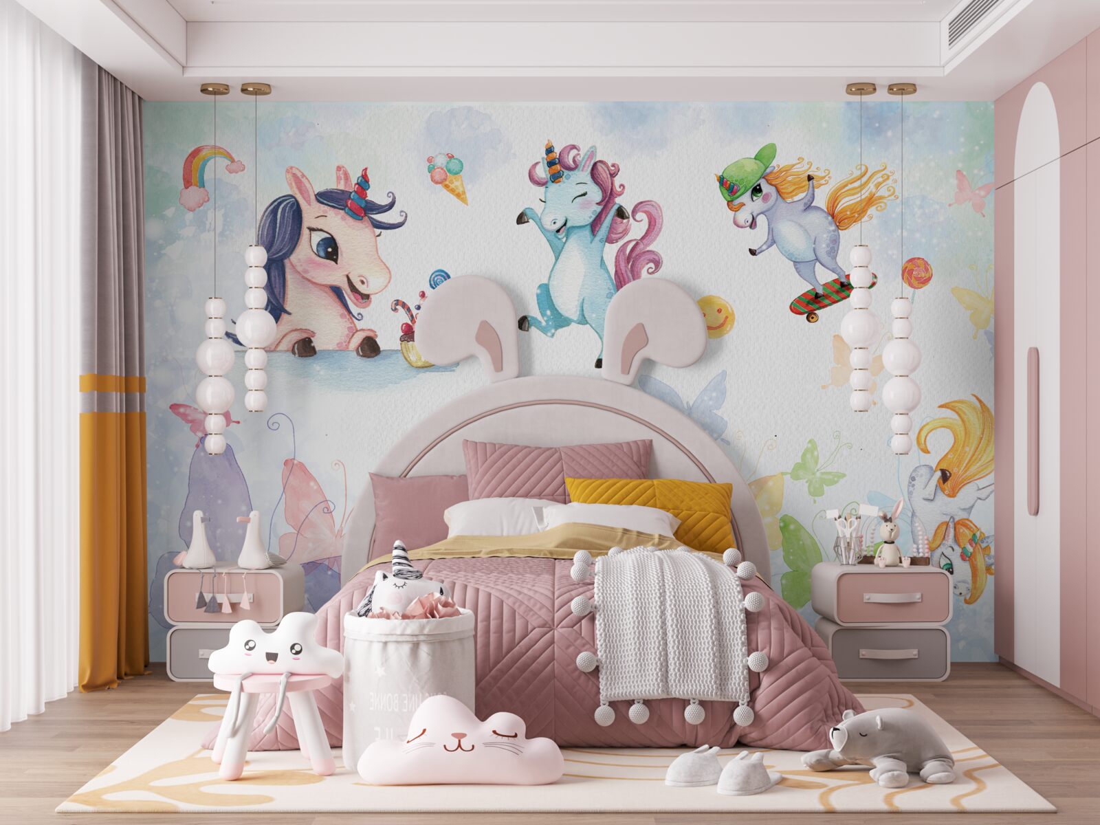 Fototapet unicorni și fluturi veseli