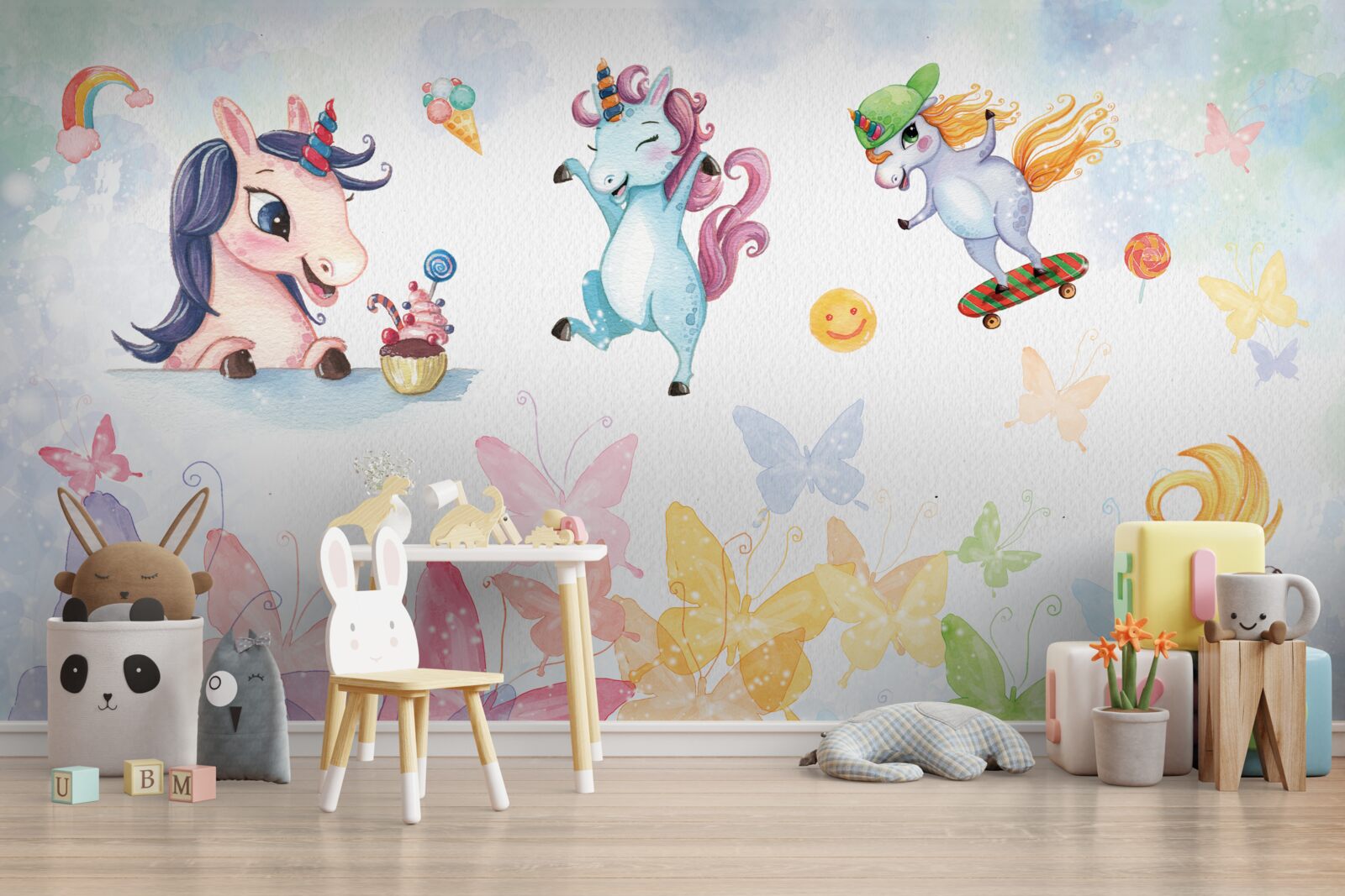 Fototapet unicorni și fluturi veseli