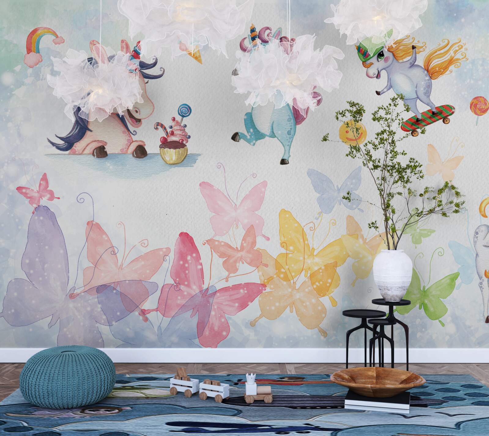 Fototapet unicorni și fluturi veseli