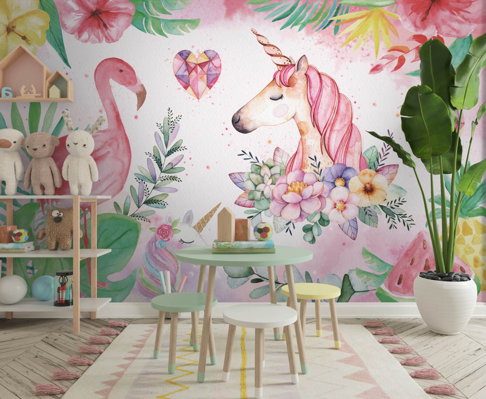 Fototapet unicorn și flamingo roz