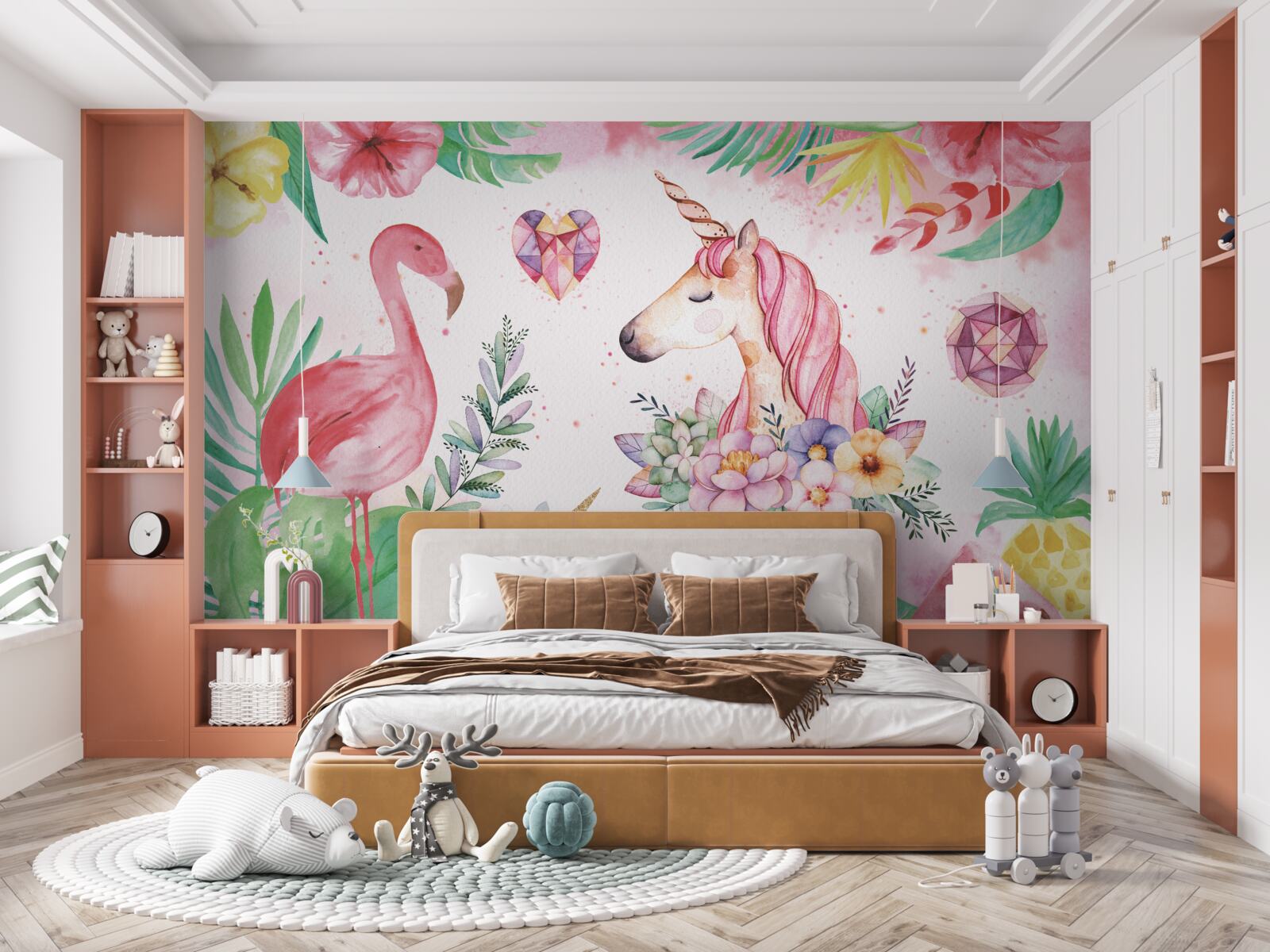 Fototapet unicorn și flamingo roz