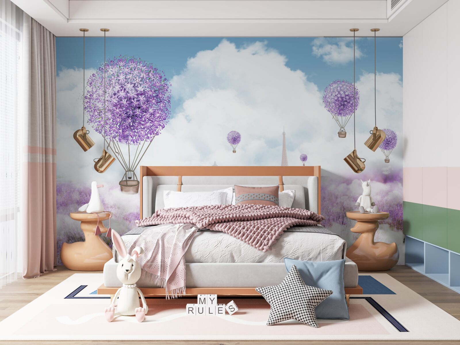 Fototapet un câmp cu lavandă și baloane zburătoare