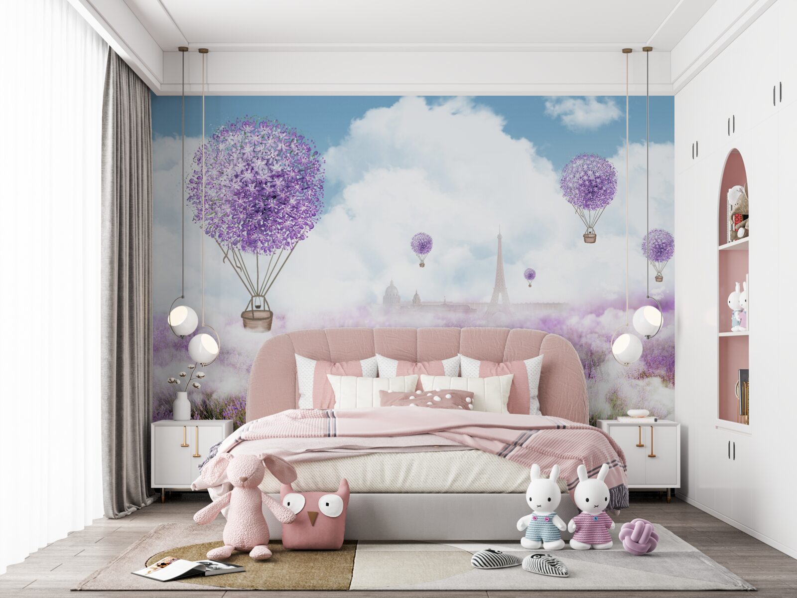 Fototapet un câmp cu lavandă și baloane zburătoare