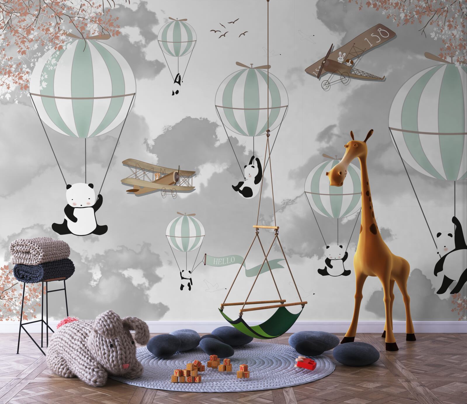 Fototapet pandas și baloane