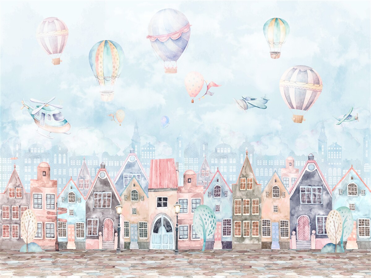 Fototapet baloane cu aer cald plutesc deasupra caselor vopsite în diferite culori