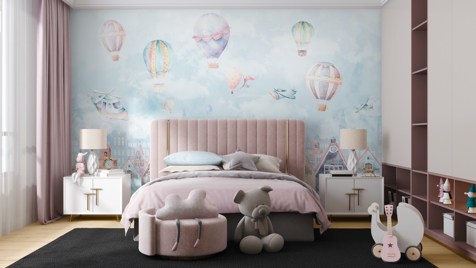 Fototapet baloane cu aer cald plutesc deasupra caselor vopsite în diferite culori