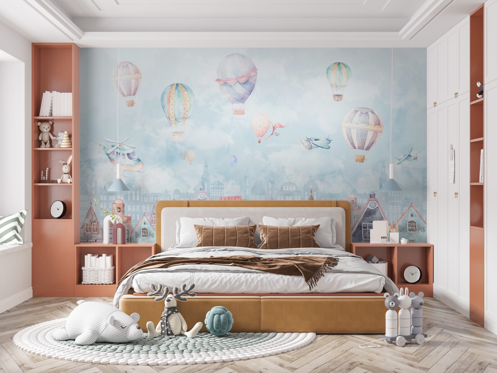 Fototapet baloane cu aer cald plutesc deasupra caselor vopsite în diferite culori