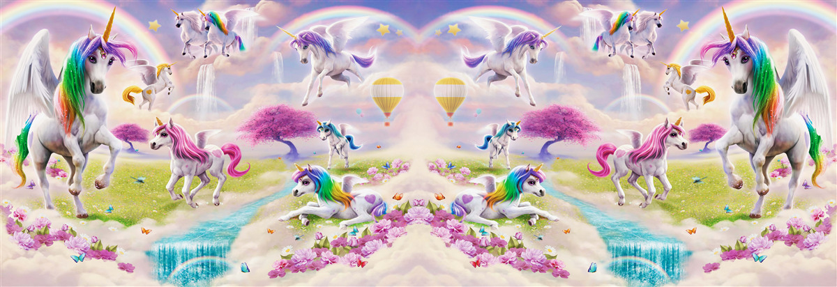 Fototapet unicorni cu blană strălucitoare de curcubeu ca într-un basm