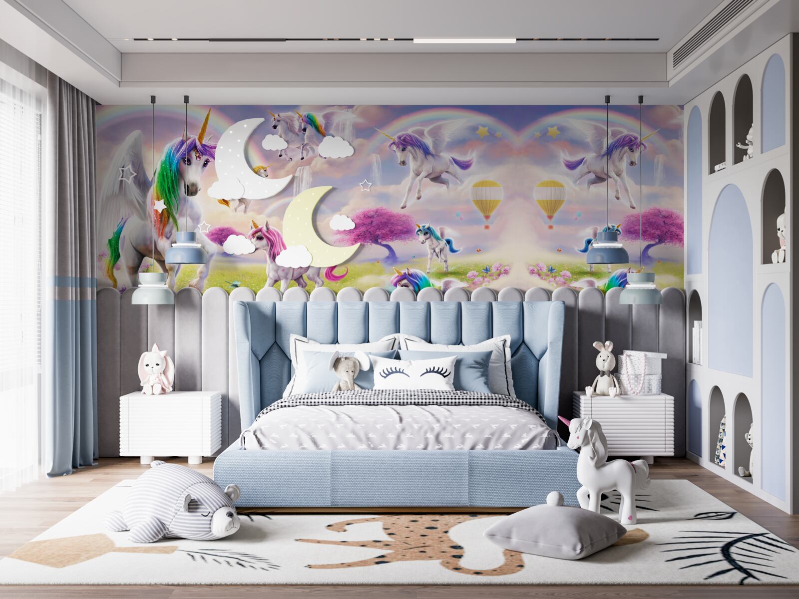 Fototapet unicorni cu blană strălucitoare de curcubeu ca într-un basm