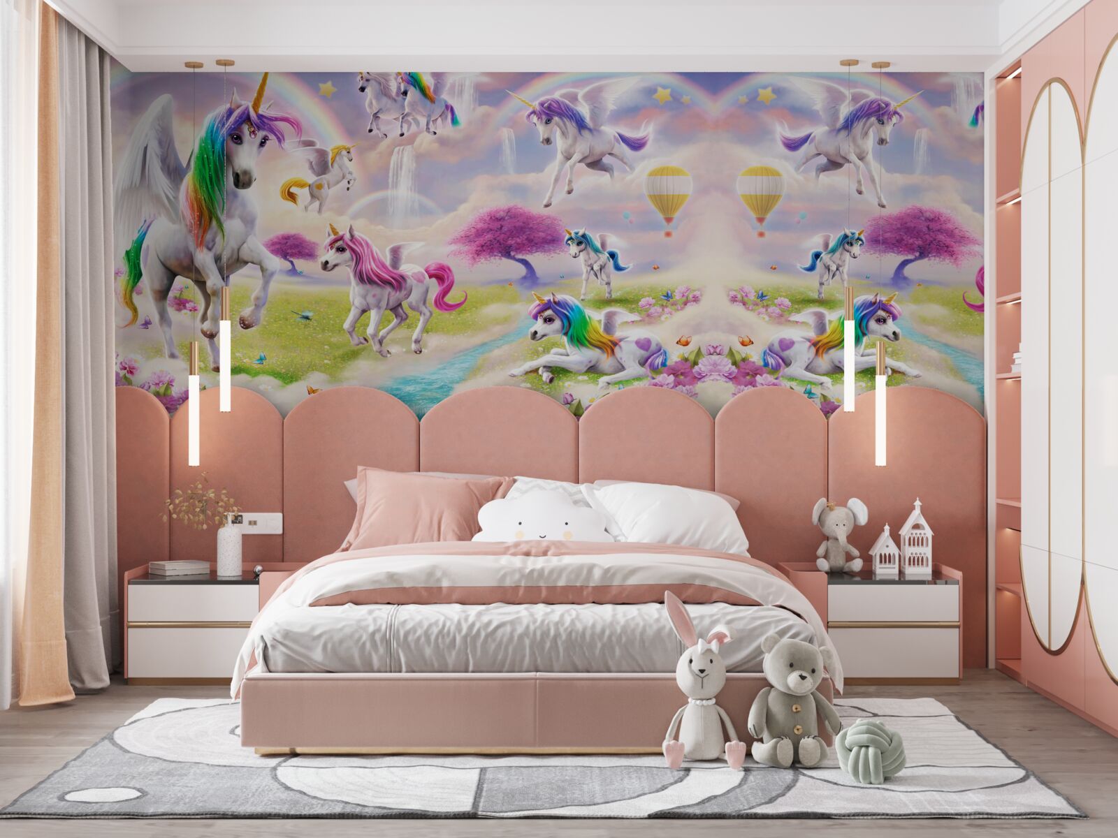 Fototapet unicorni cu blană strălucitoare de curcubeu ca într-un basm