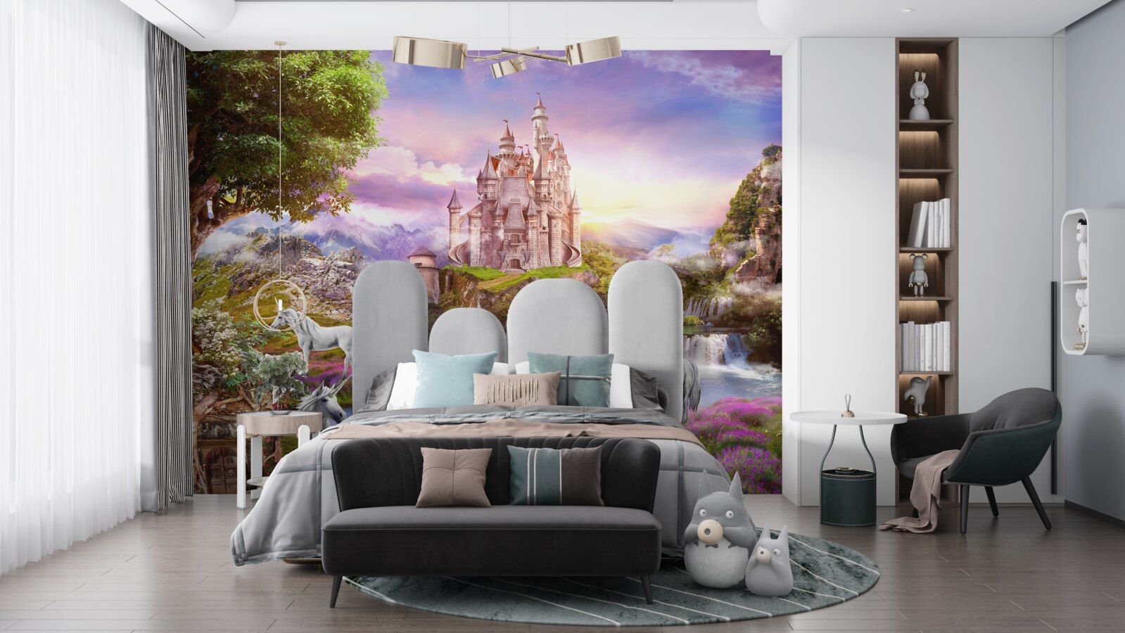 Fototapet castelul de lângă râu este fermecat de prezența unicornilor