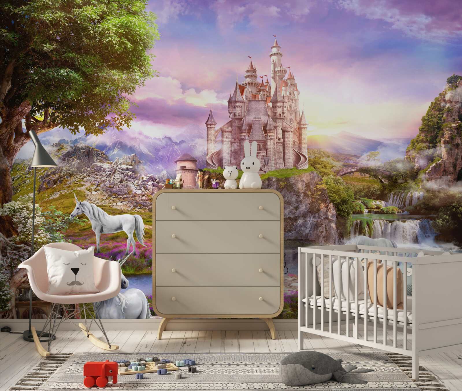 Fototapet castelul de lângă râu este fermecat de prezența unicornilor