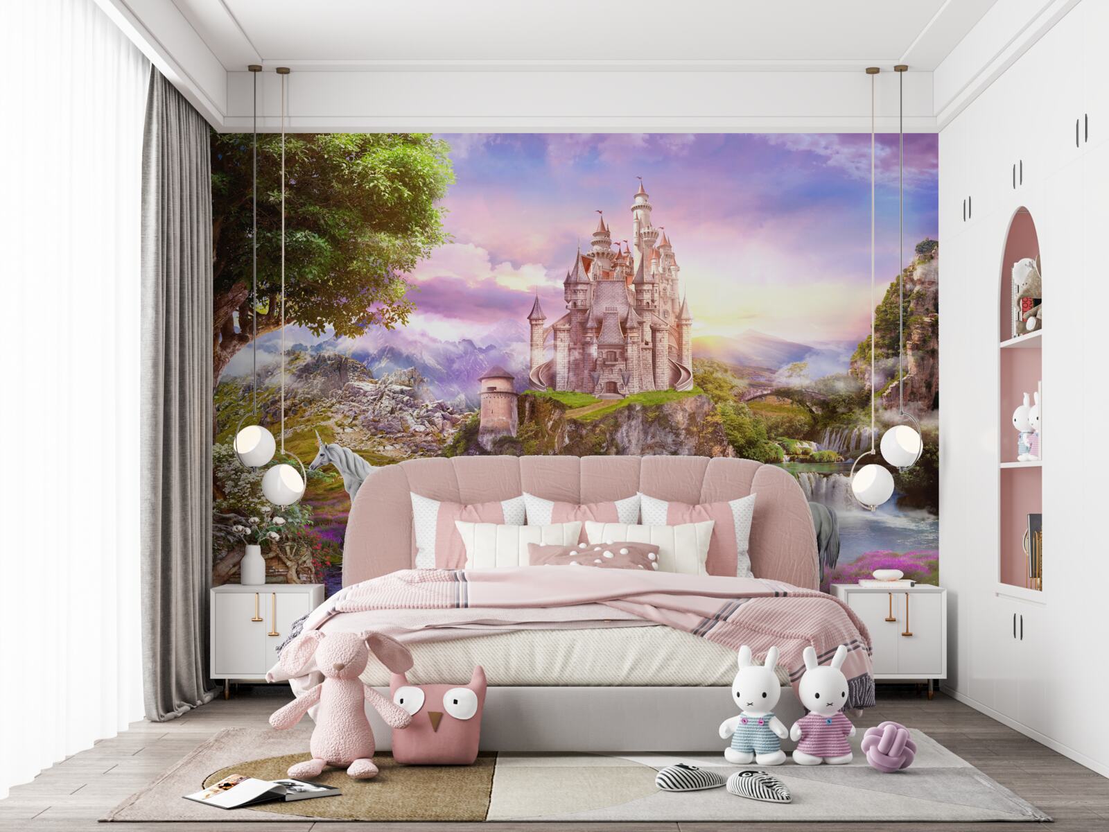 Fototapet castelul de lângă râu este fermecat de prezența unicornilor