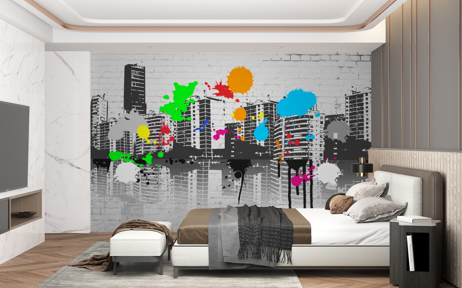 Fototapet graffiti care descriu orașul în alb și negru