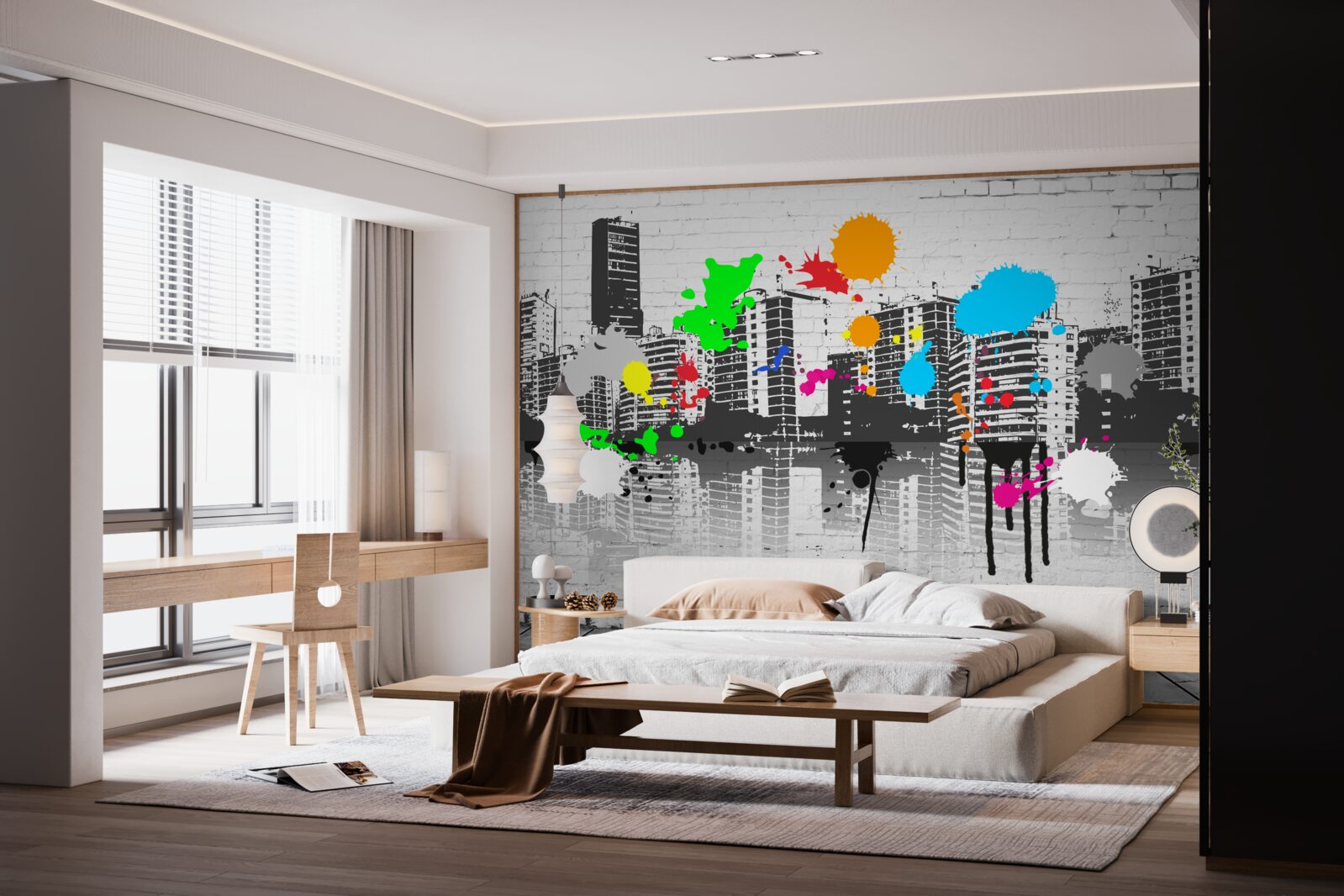 Fototapet graffiti care descriu orașul în alb și negru