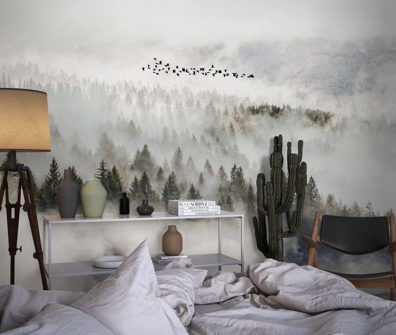 Fototapet un grup de păsări deasupra unui tufiș muntos înnorat