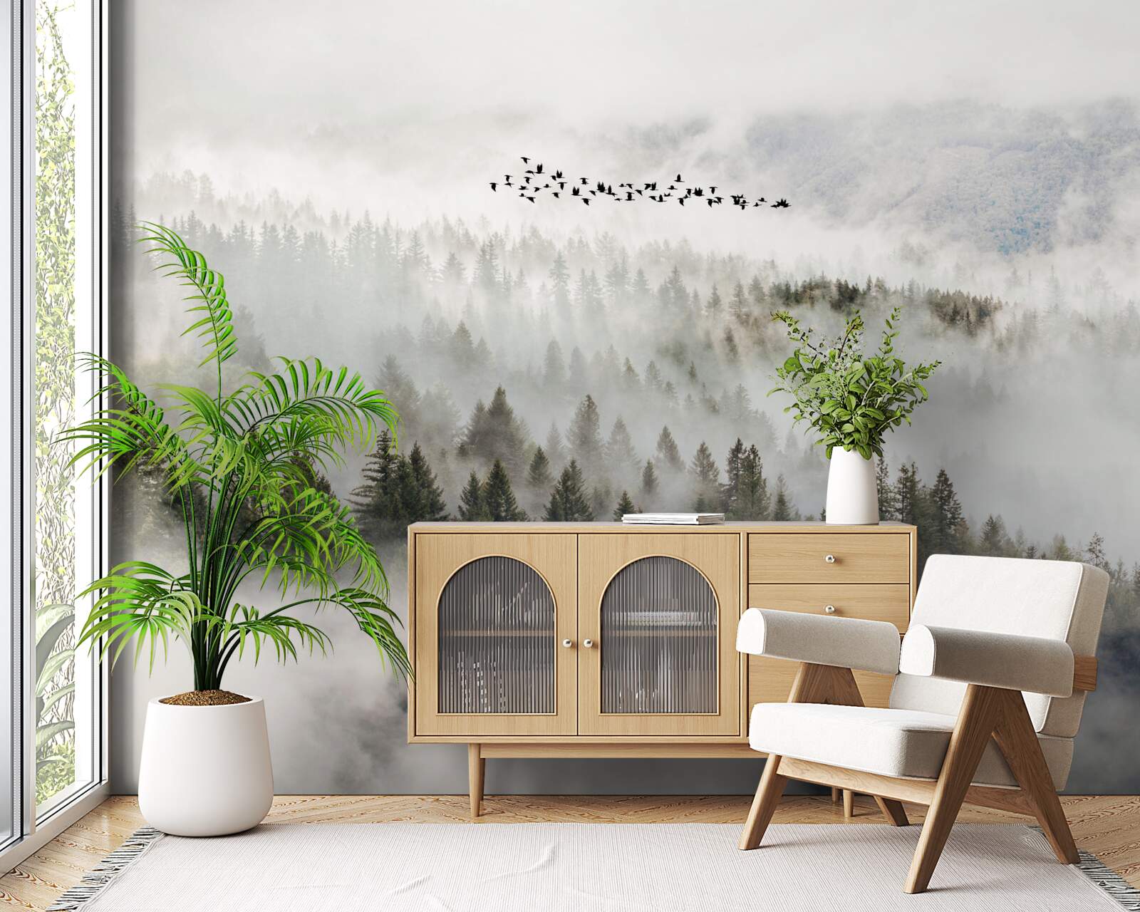 Fototapet un grup de păsări deasupra unui tufiș muntos înnorat