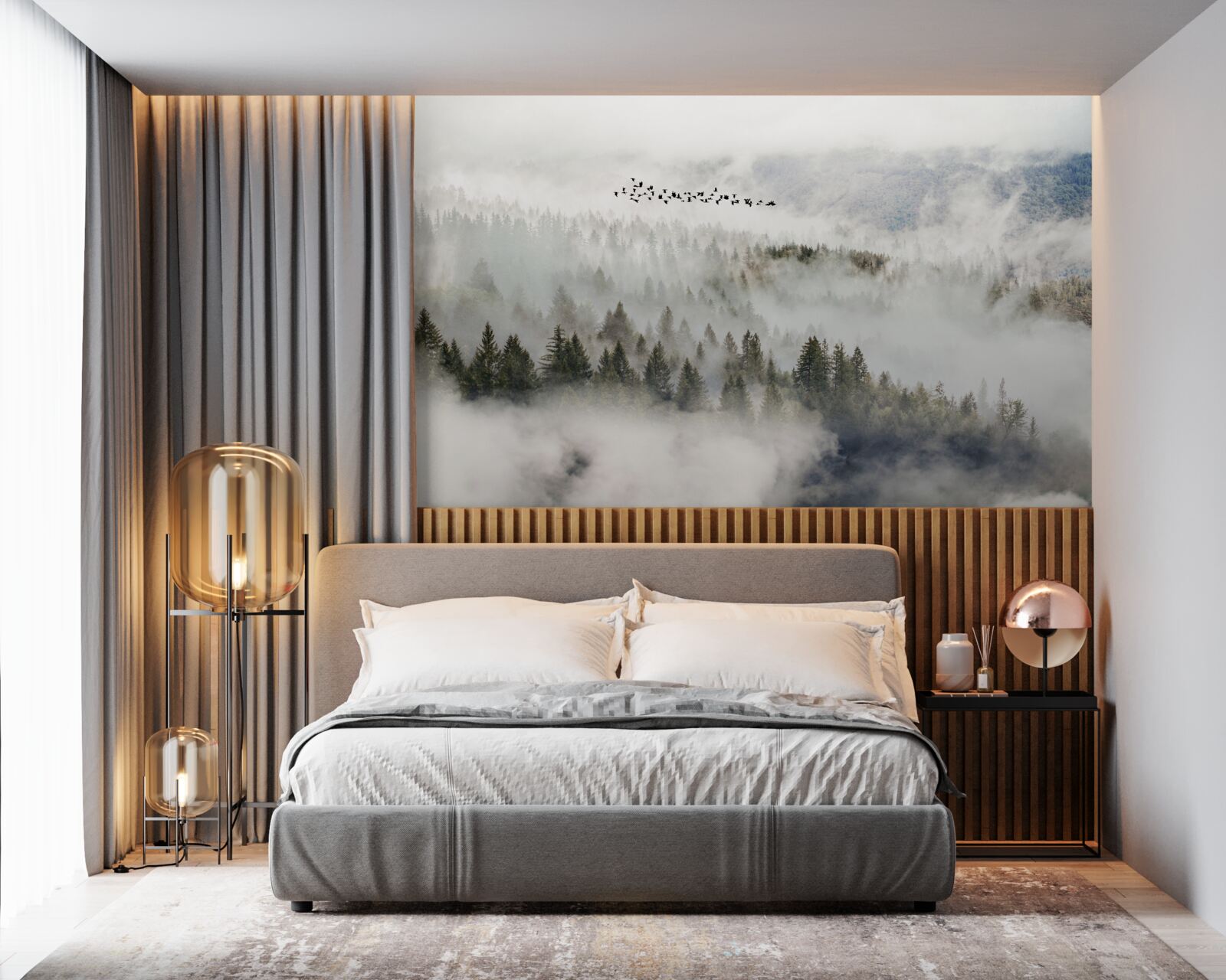 Fototapet un grup de păsări deasupra unui tufiș muntos înnorat