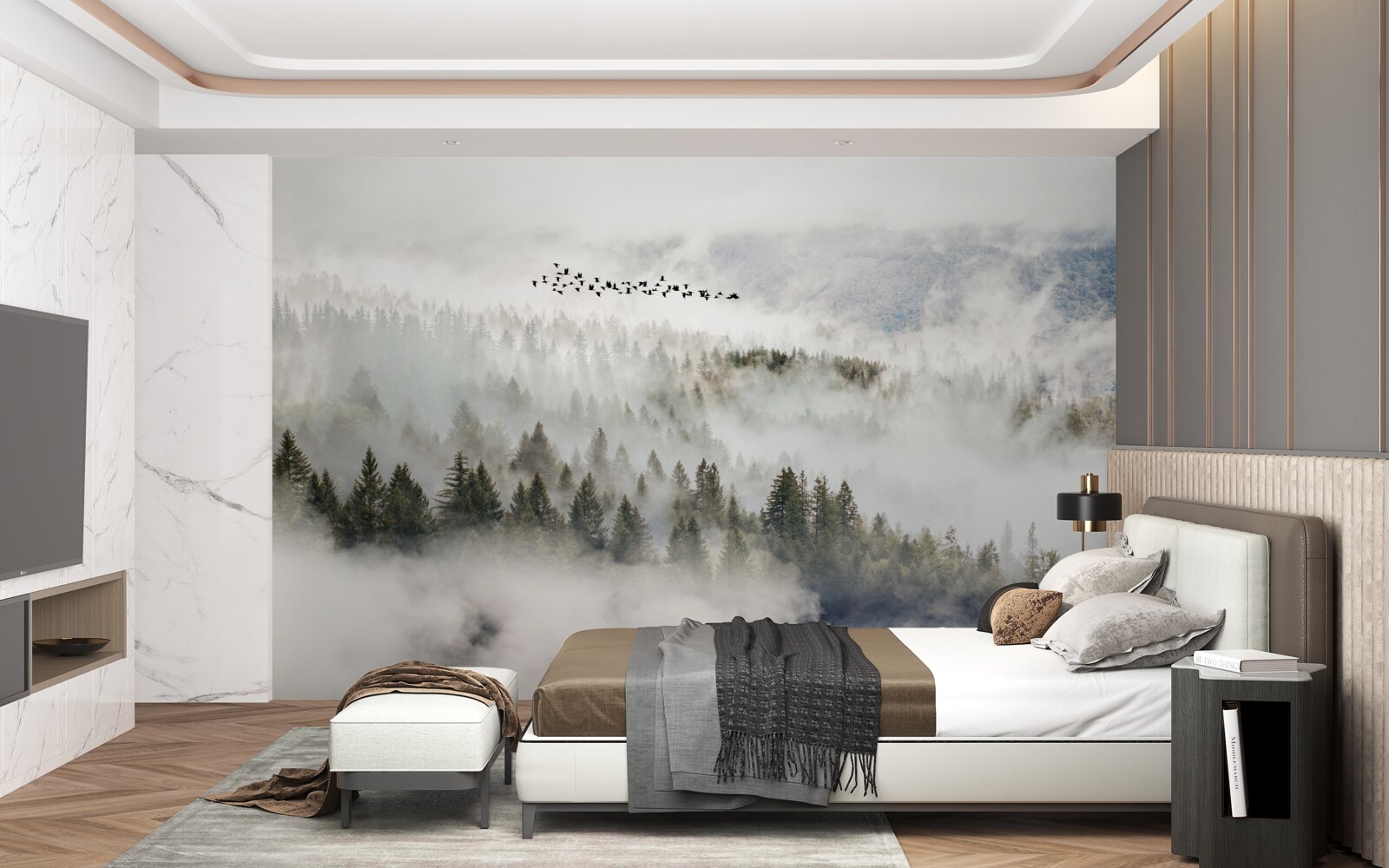 Fototapet un grup de păsări deasupra unui tufiș muntos înnorat