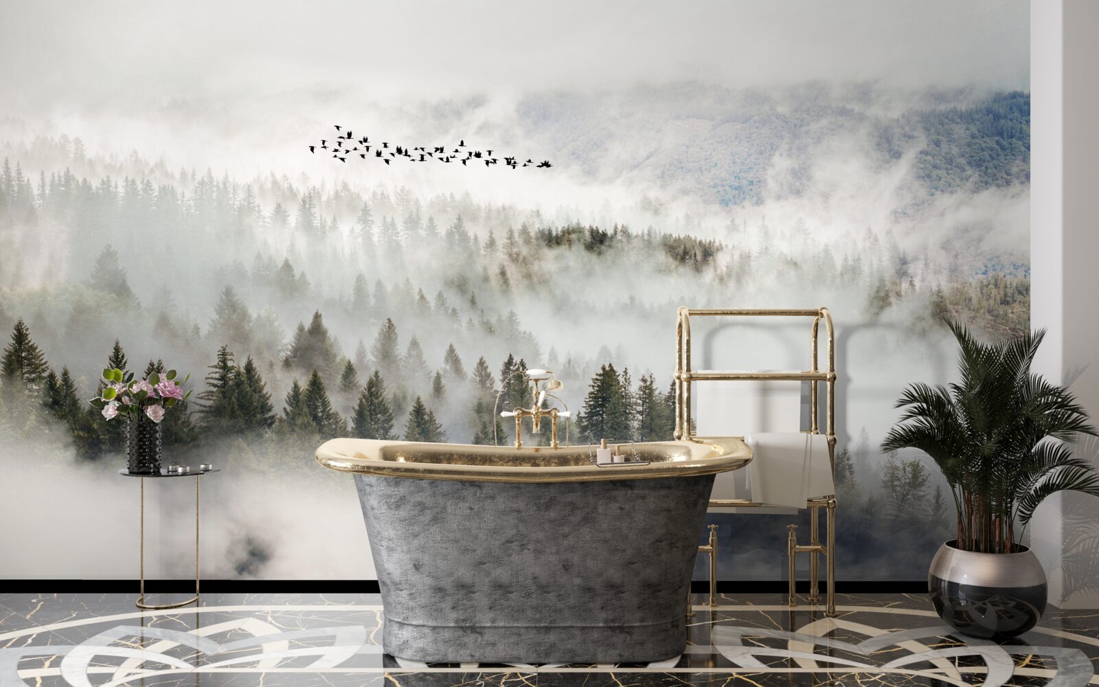 Fototapet un grup de păsări deasupra unui tufiș muntos înnorat