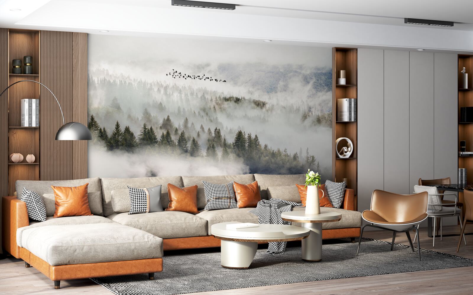 Fototapet un grup de păsări deasupra unui tufiș muntos înnorat