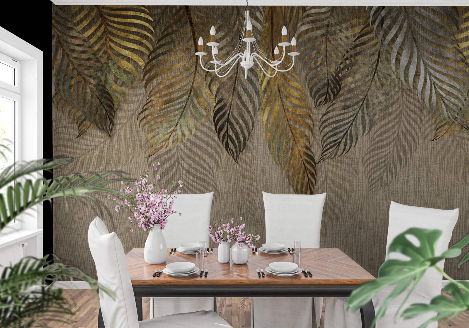 Fototapet ramuri de palmier bananier acoperite cu aur