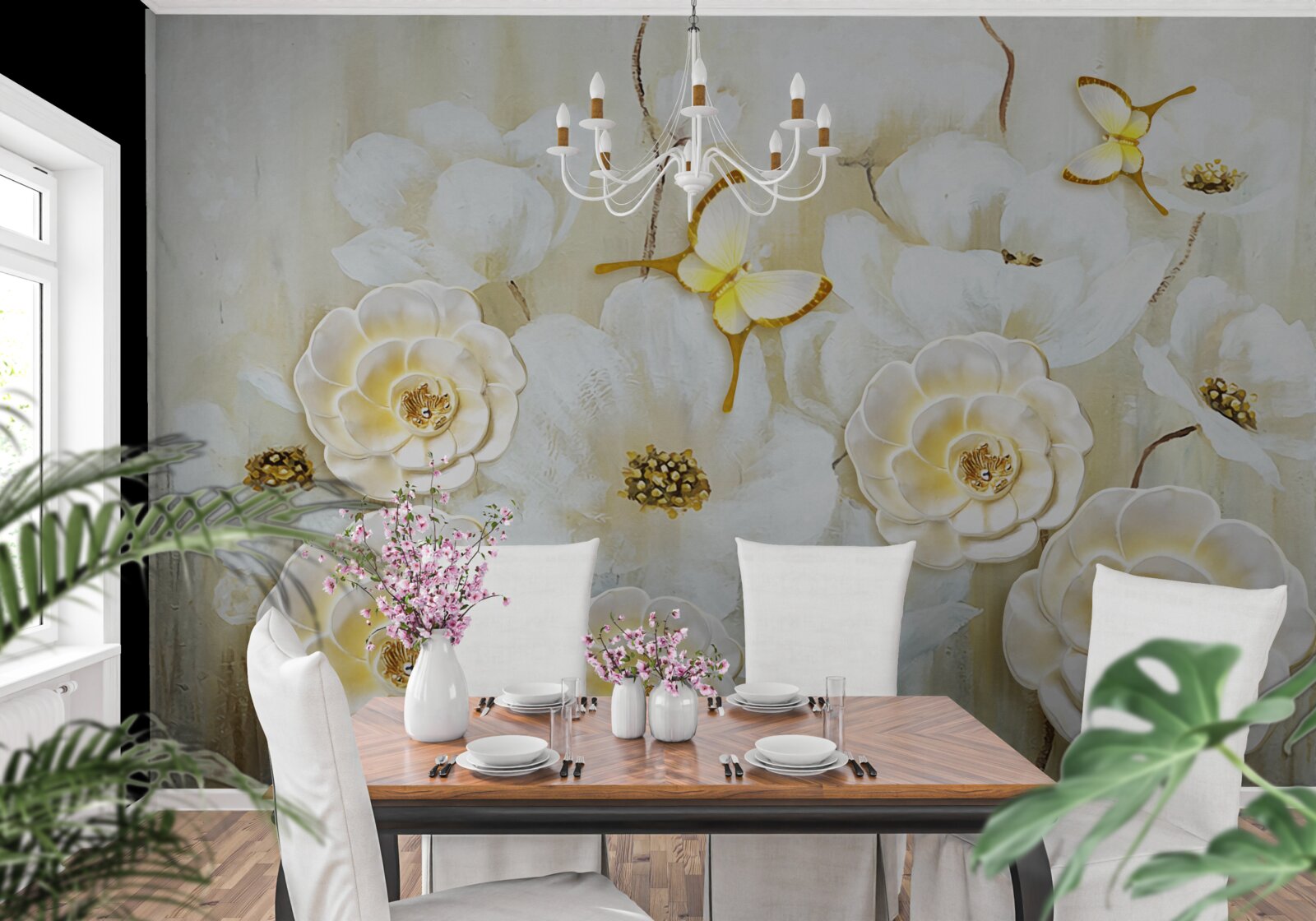 Fototapet fluturi neobișnuiți și flori strălucitoare