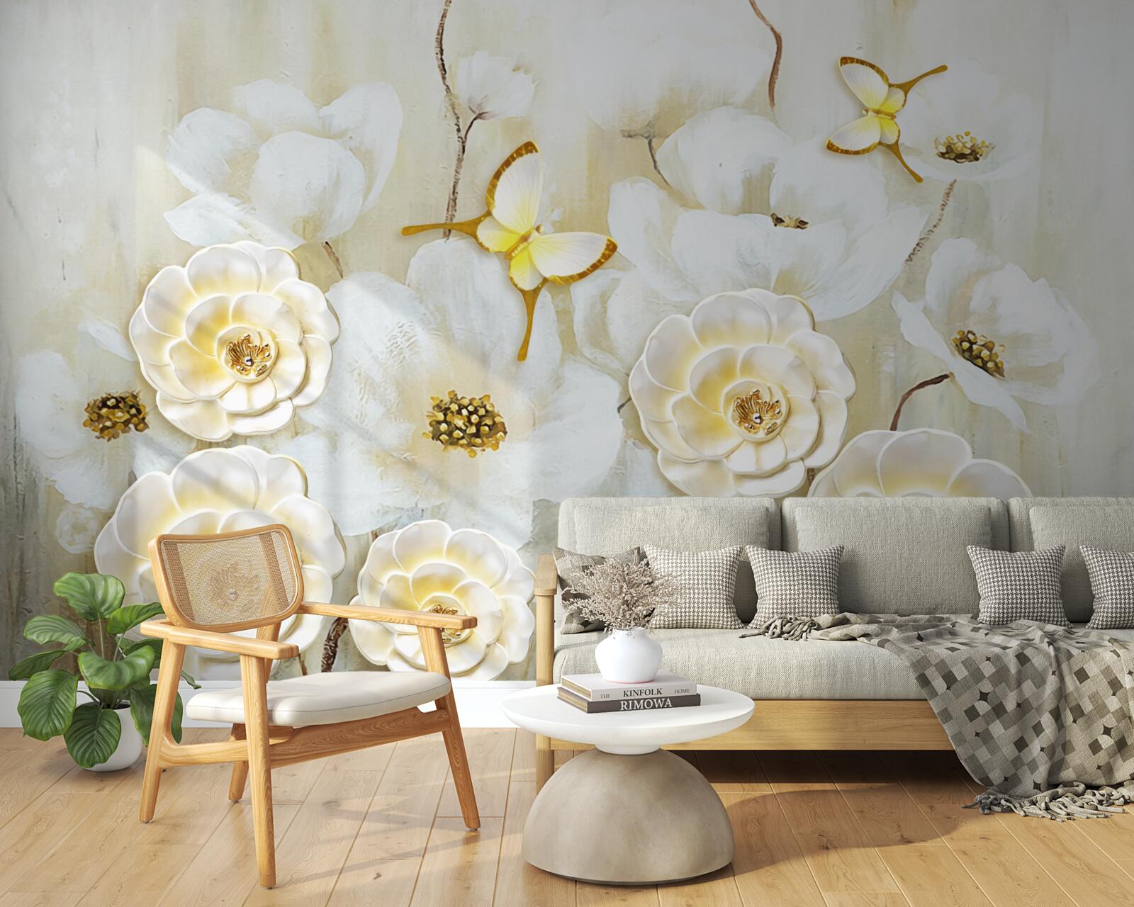 Fototapet fluturi neobișnuiți și flori strălucitoare