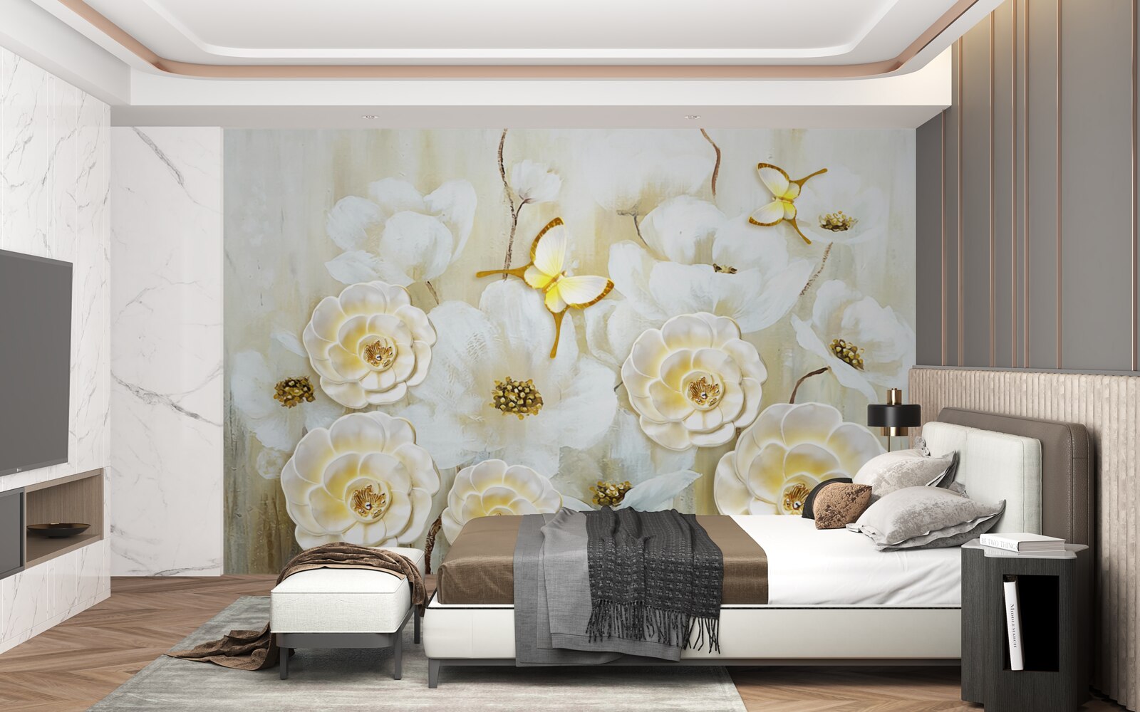 Fototapet fluturi neobișnuiți și flori strălucitoare