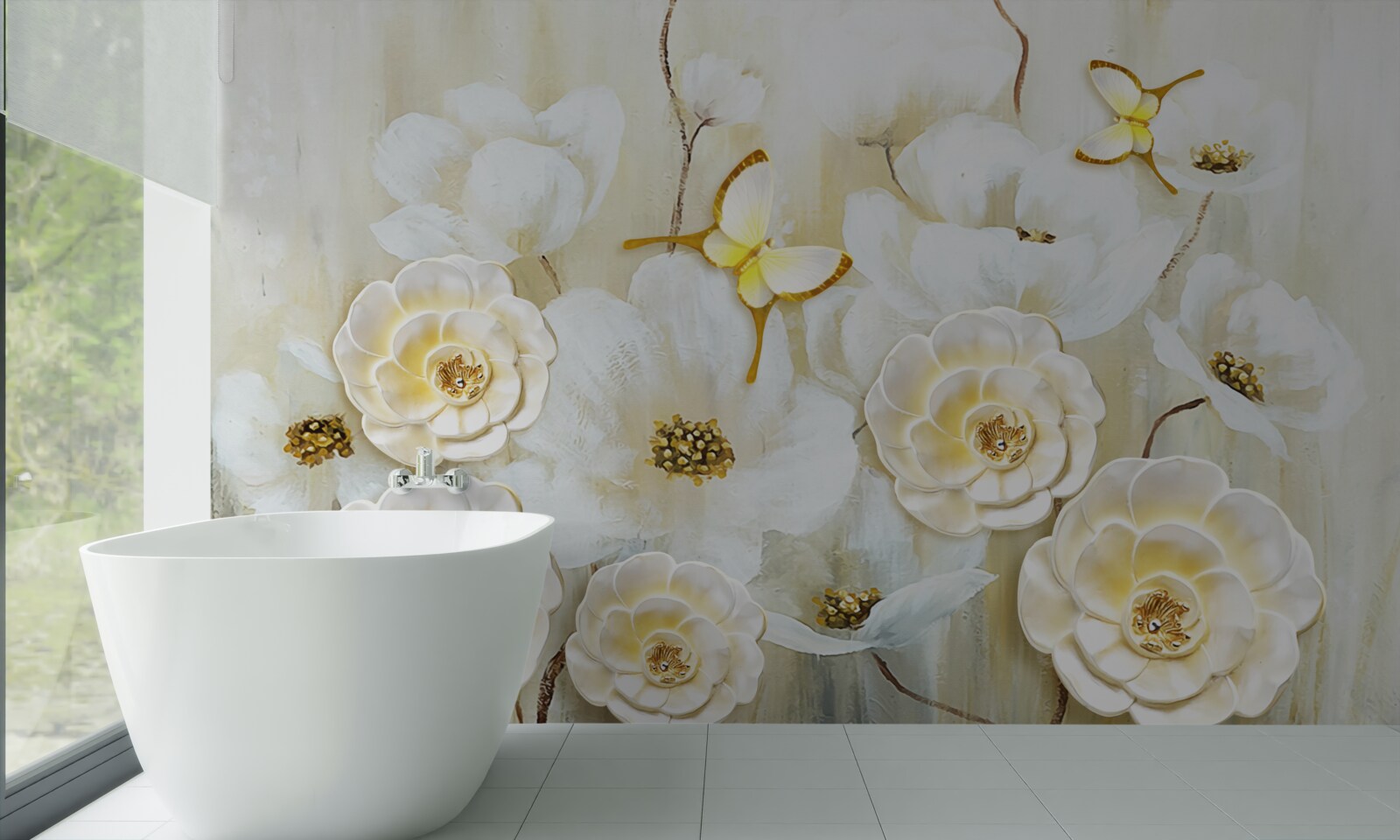 Fototapet fluturi neobișnuiți și flori strălucitoare