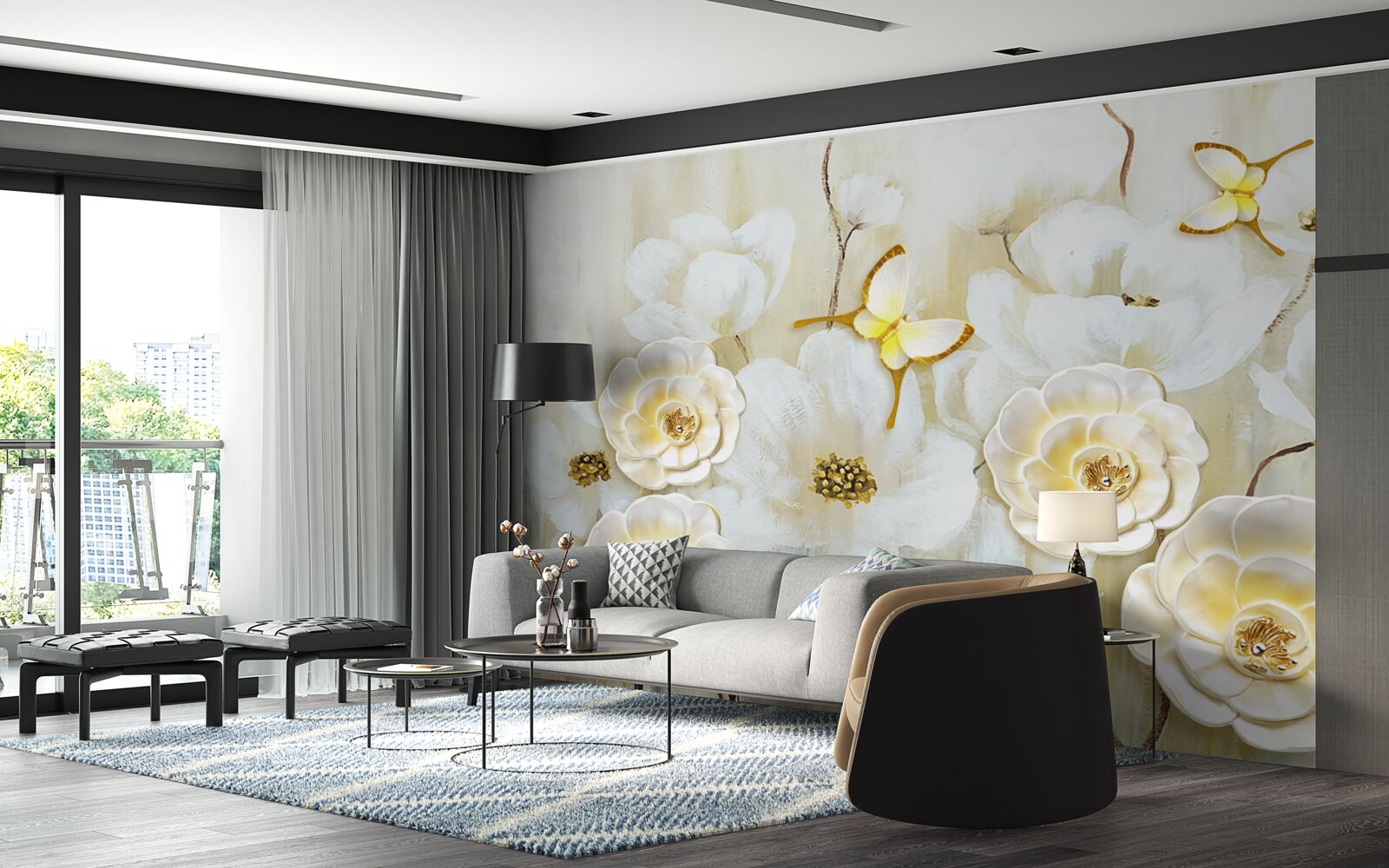 Fototapet fluturi neobișnuiți și flori strălucitoare