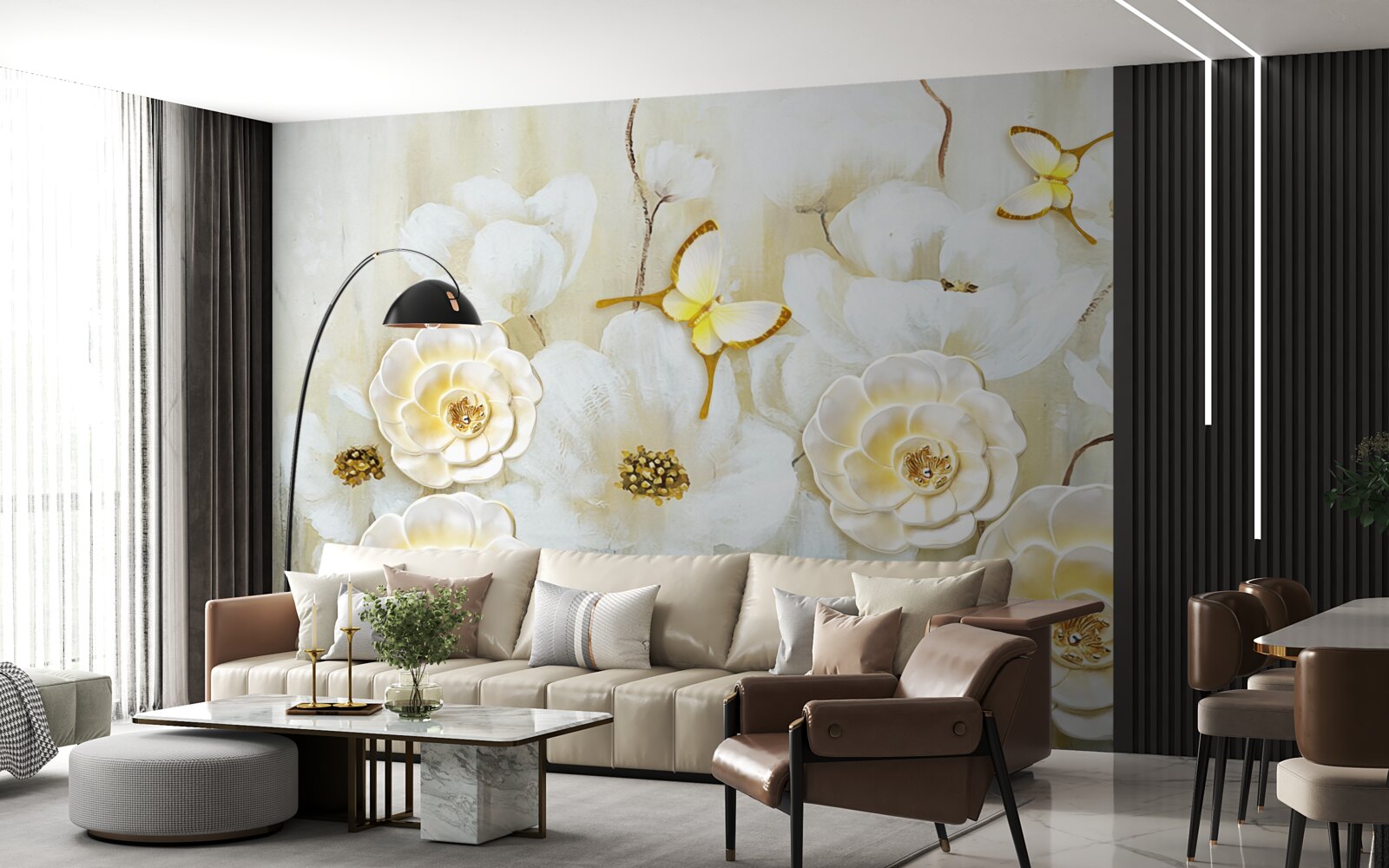 Fototapet fluturi neobișnuiți și flori strălucitoare