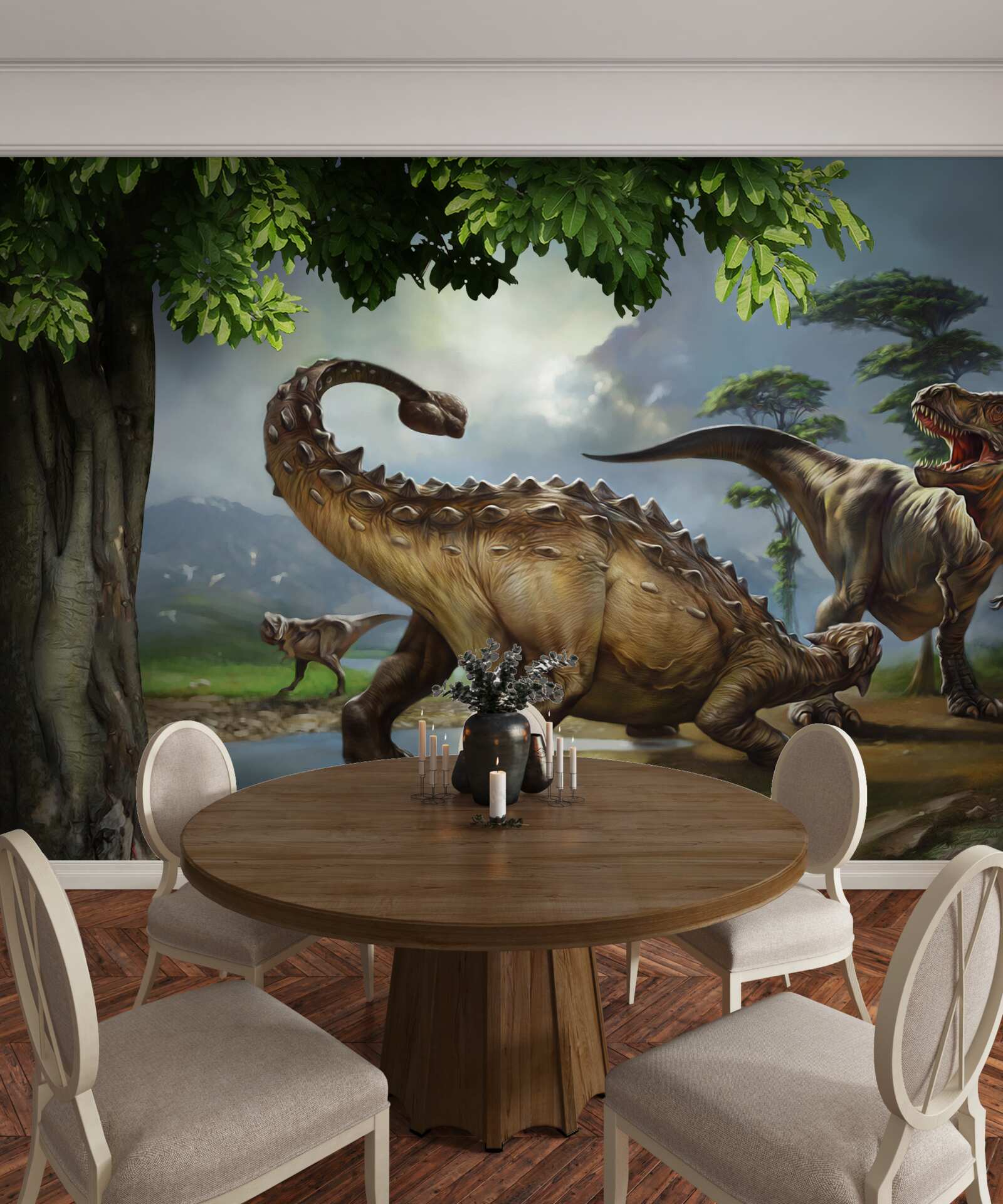 Fototapet dinozaurii trăiesc în pădurea de lângă iaz