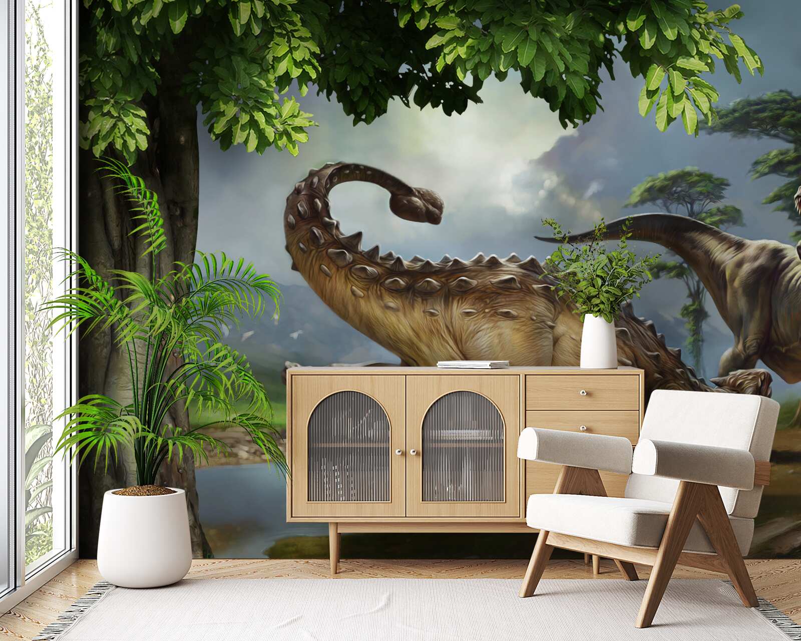 Fototapet dinozaurii trăiesc în pădurea de lângă iaz