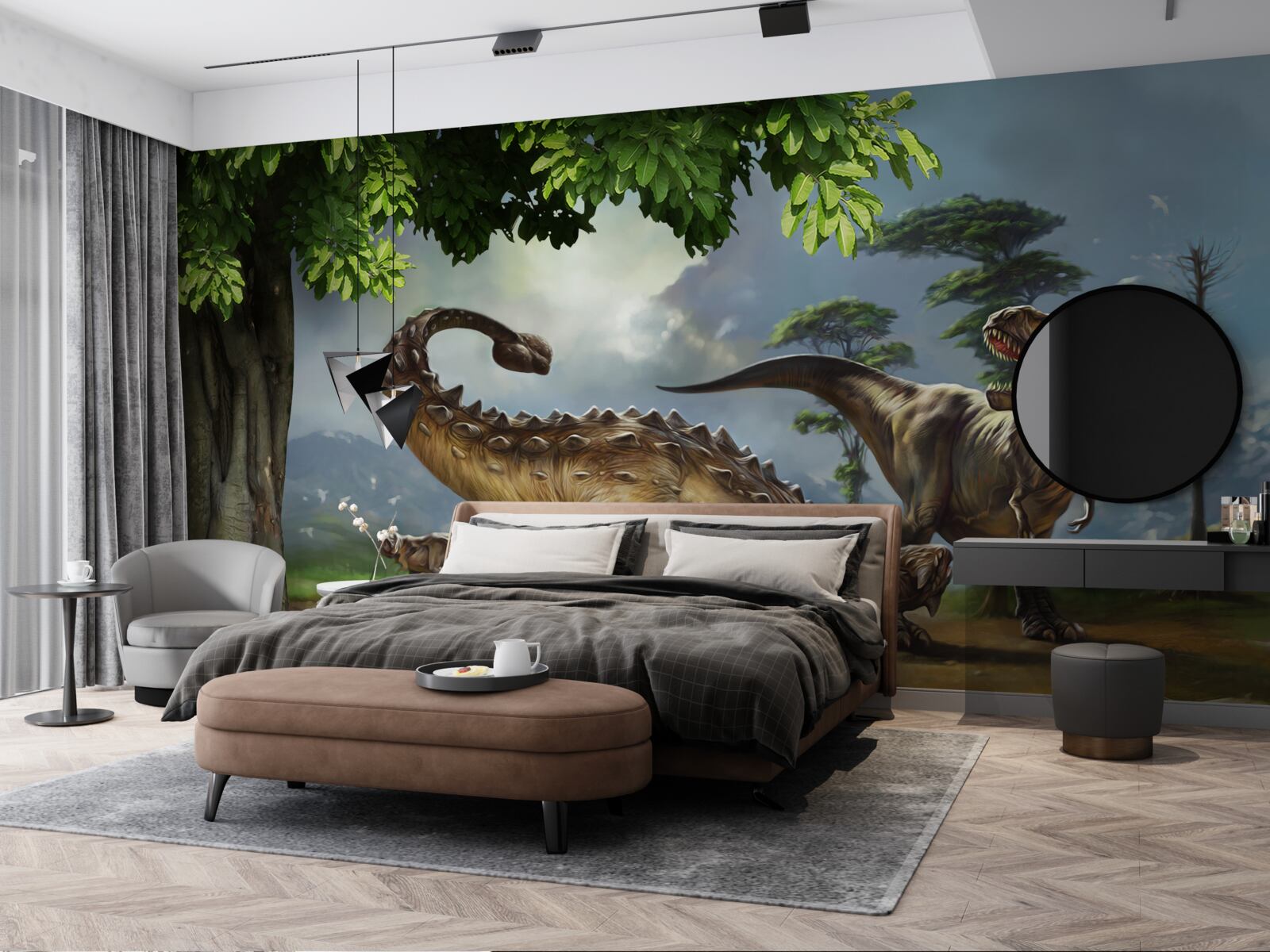 Fototapet dinozaurii trăiesc în pădurea de lângă iaz