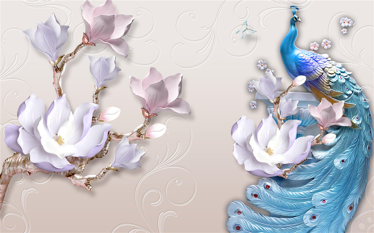 Fototapet magnoliile albe decorează păunul