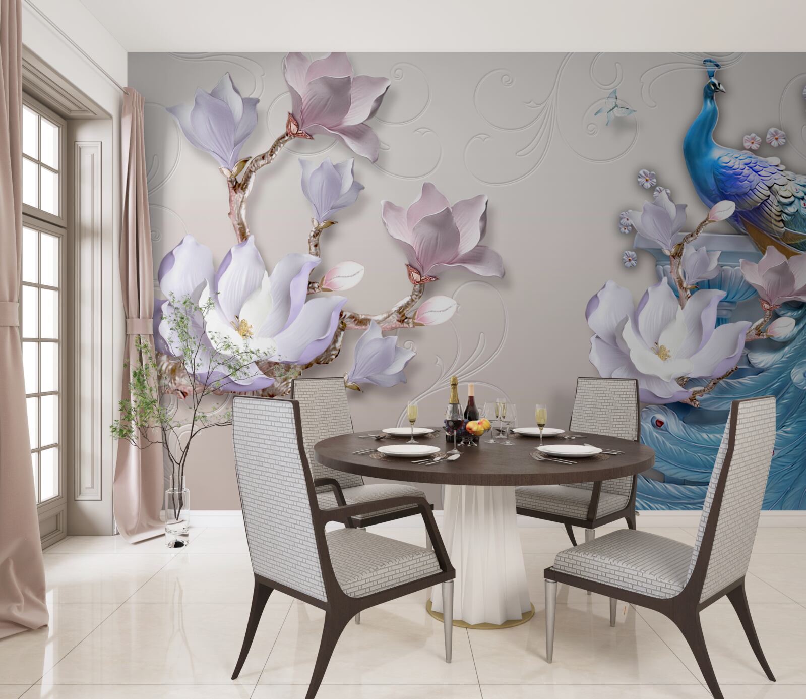 Fototapet magnoliile albe decorează păunul