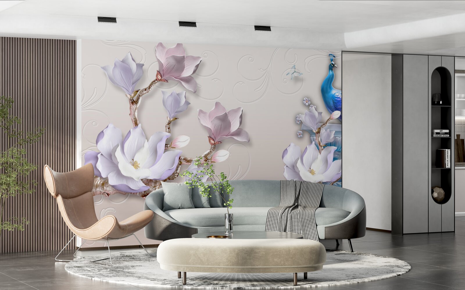 Fototapet magnoliile albe decorează păunul