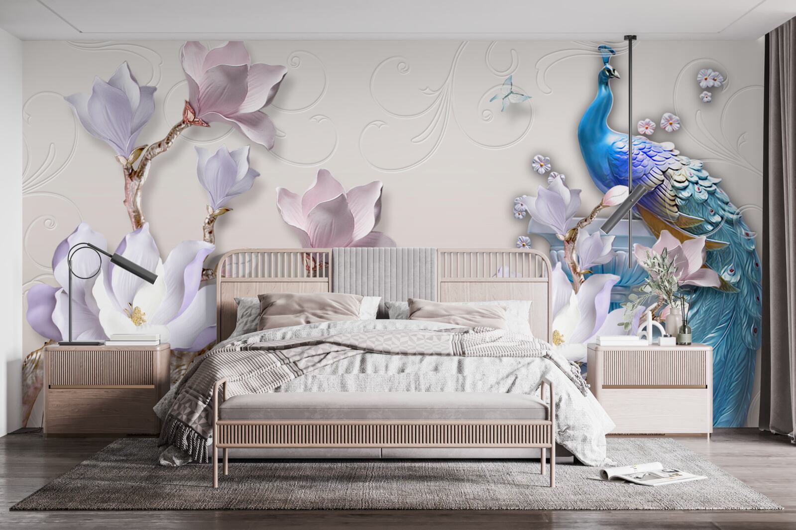 Fototapet magnoliile albe decorează păunul