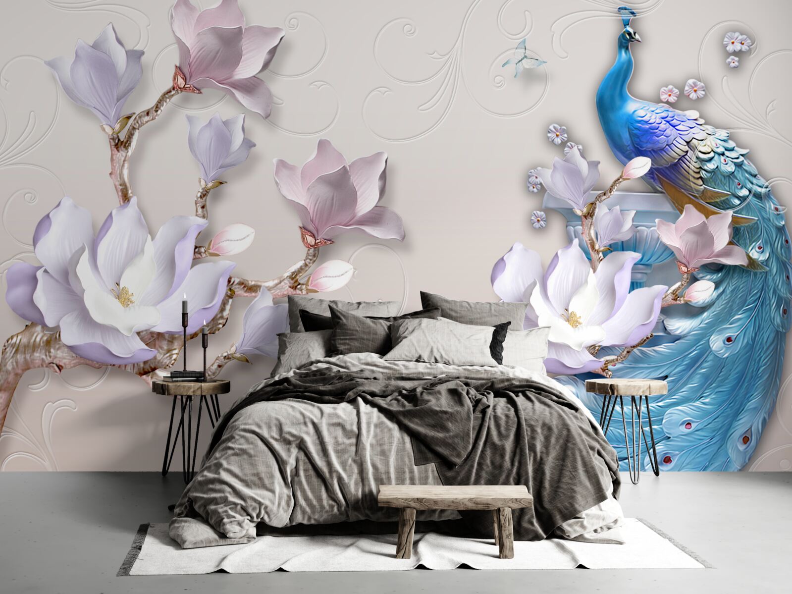 Fototapet magnoliile albe decorează păunul