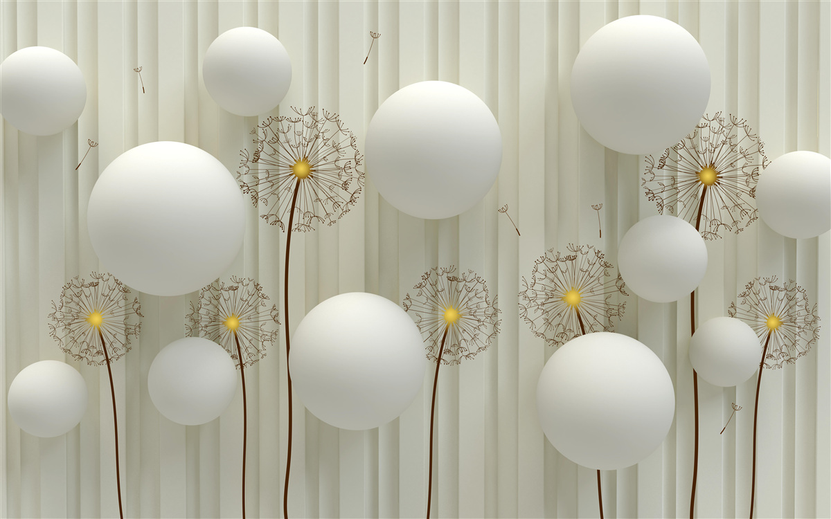 Fototapet compoziție de bile albe și păpădii înflorite