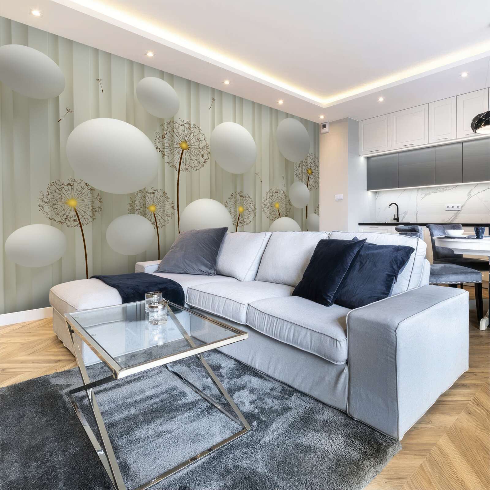 Fototapet compoziție de bile albe și păpădii înflorite