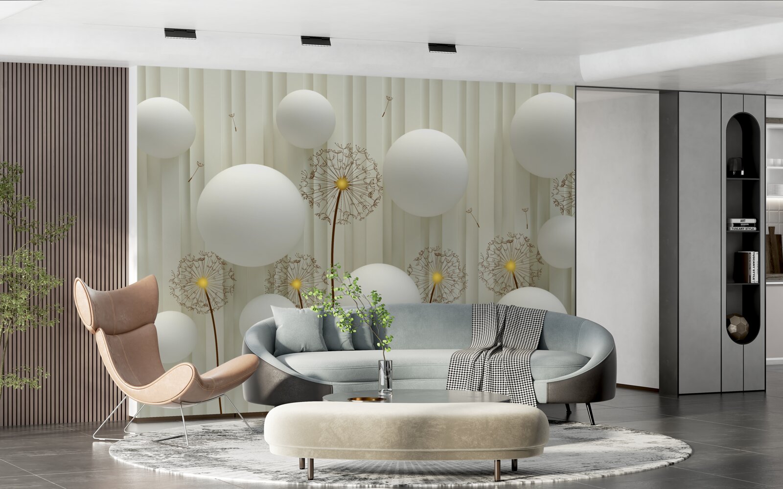 Fototapet compoziție de bile albe și păpădii înflorite