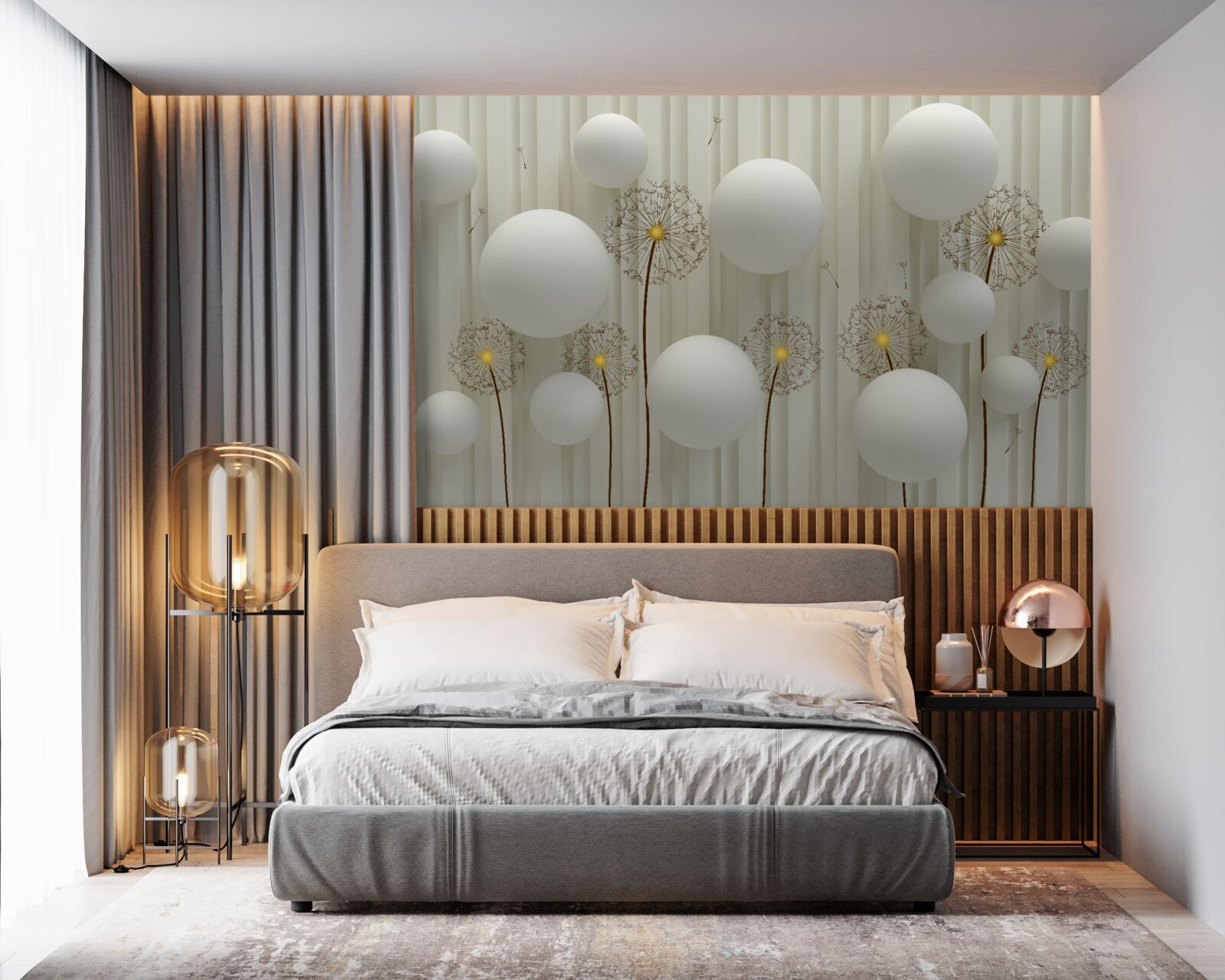 Fototapet compoziție de bile albe și păpădii înflorite